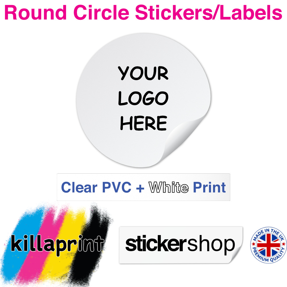 Killaprint stickershop round circle stickers/labels - clear pvc plus white